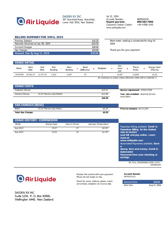 New Zealand Air Liquide gas business utility bill template in Word and PDF formats